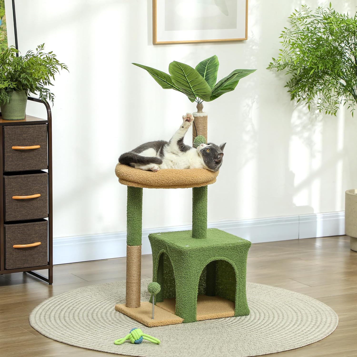 PawHut Albero Tiragraffi per Gatti con Casetta e Giocattoli – 44x30x98 cm, Verde