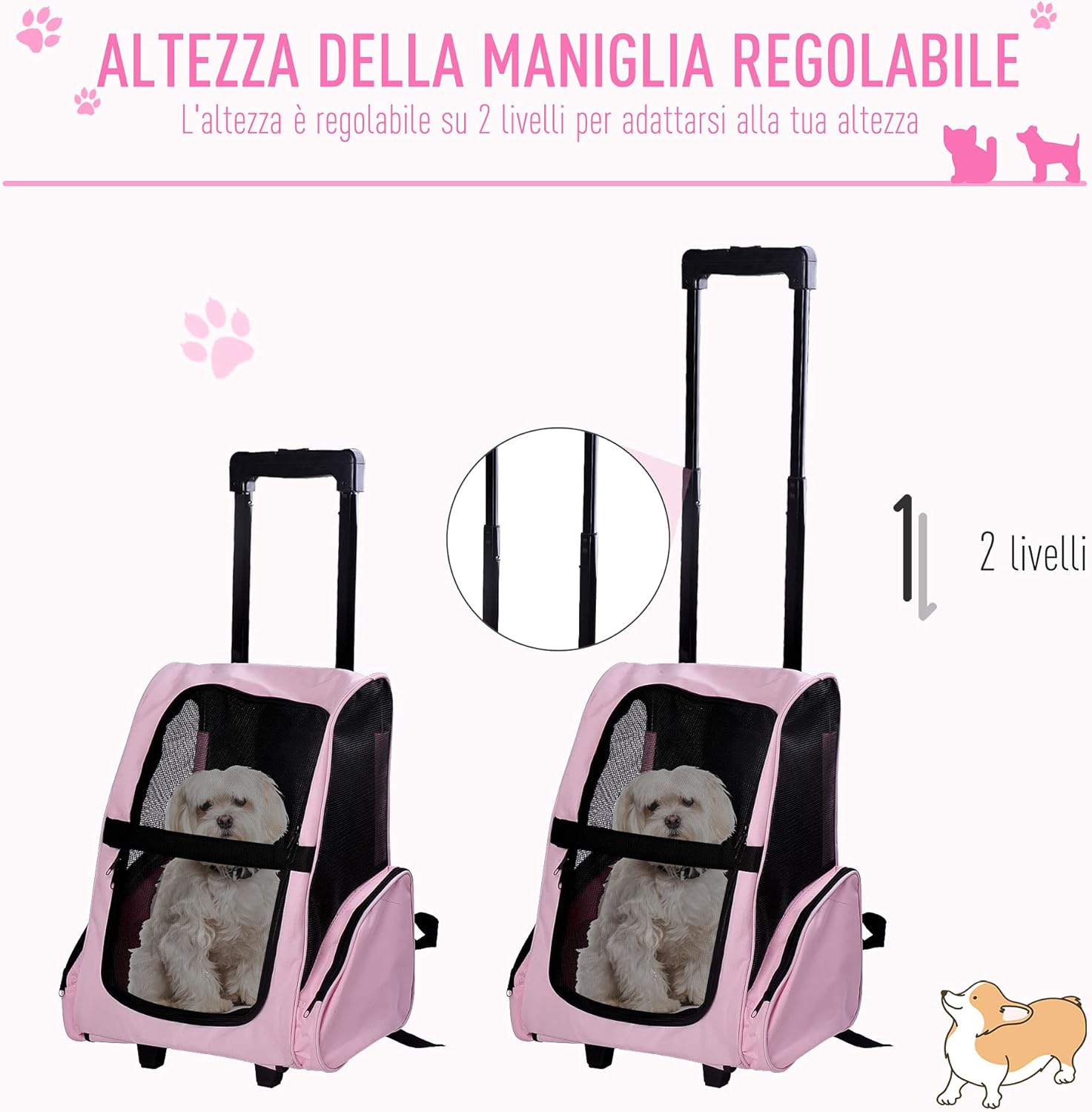 Trasportino PawHut 2 in 1 per Cani e Gatti, Rosa – 42x25x55cm
