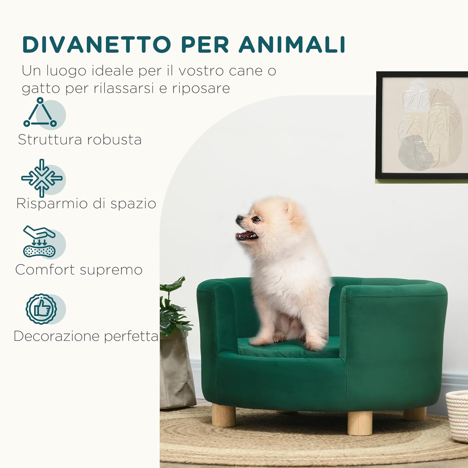 PawHut Divano per Cani Imbottito con Schienale e Cuscino Rimovibile – 65x64x37 cm, Verde