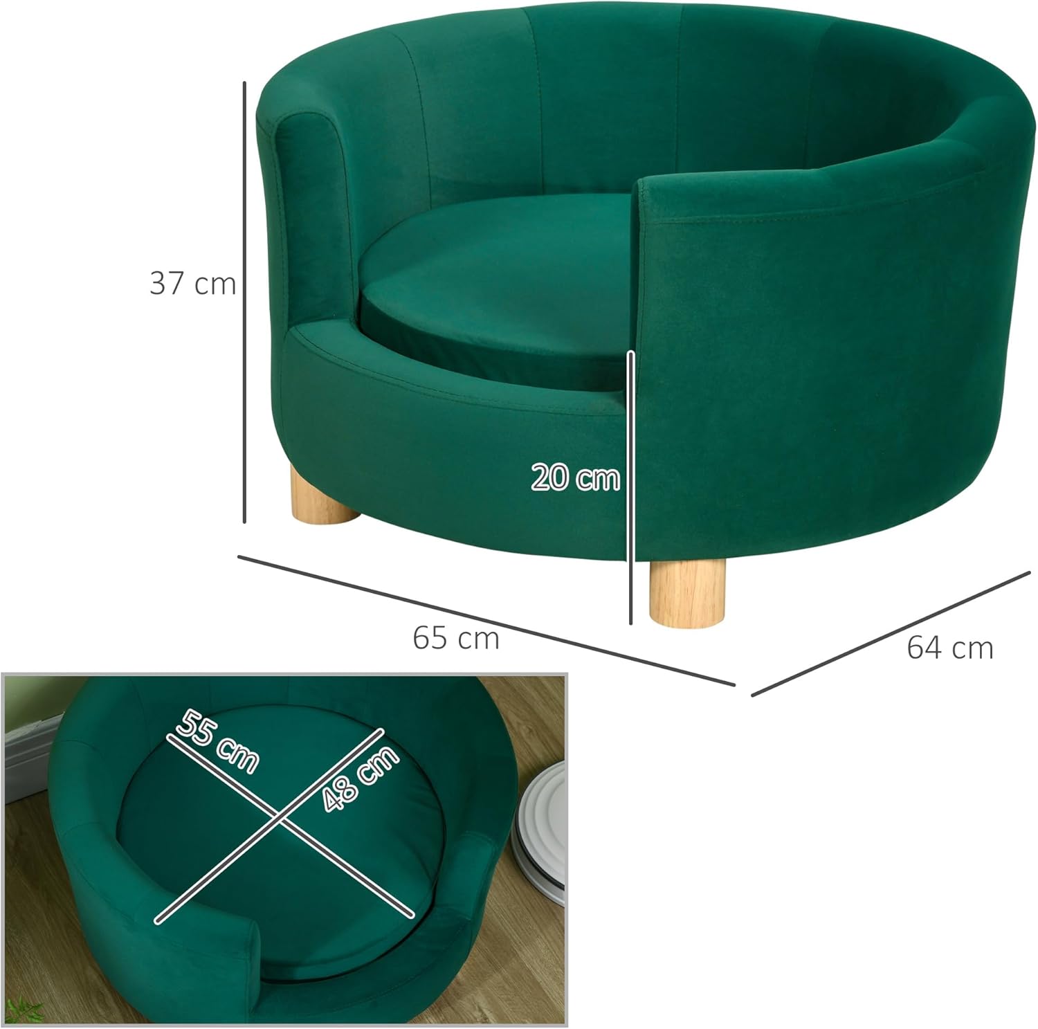 PawHut Divano per Cani Imbottito con Schienale e Cuscino Rimovibile – 65x64x37 cm, Verde