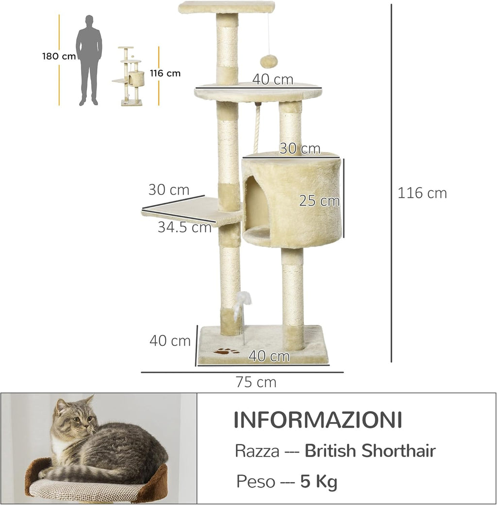 PawHut Albero Tiragraffi per Gatti – 75x40x112 cm, Beige