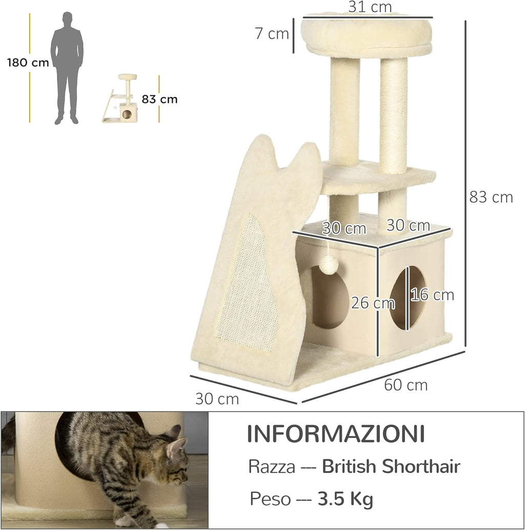 awHut Albero Tiragraffi per Gattini con Tappetino Sfoderabile – 60x30x83 cm, Beige