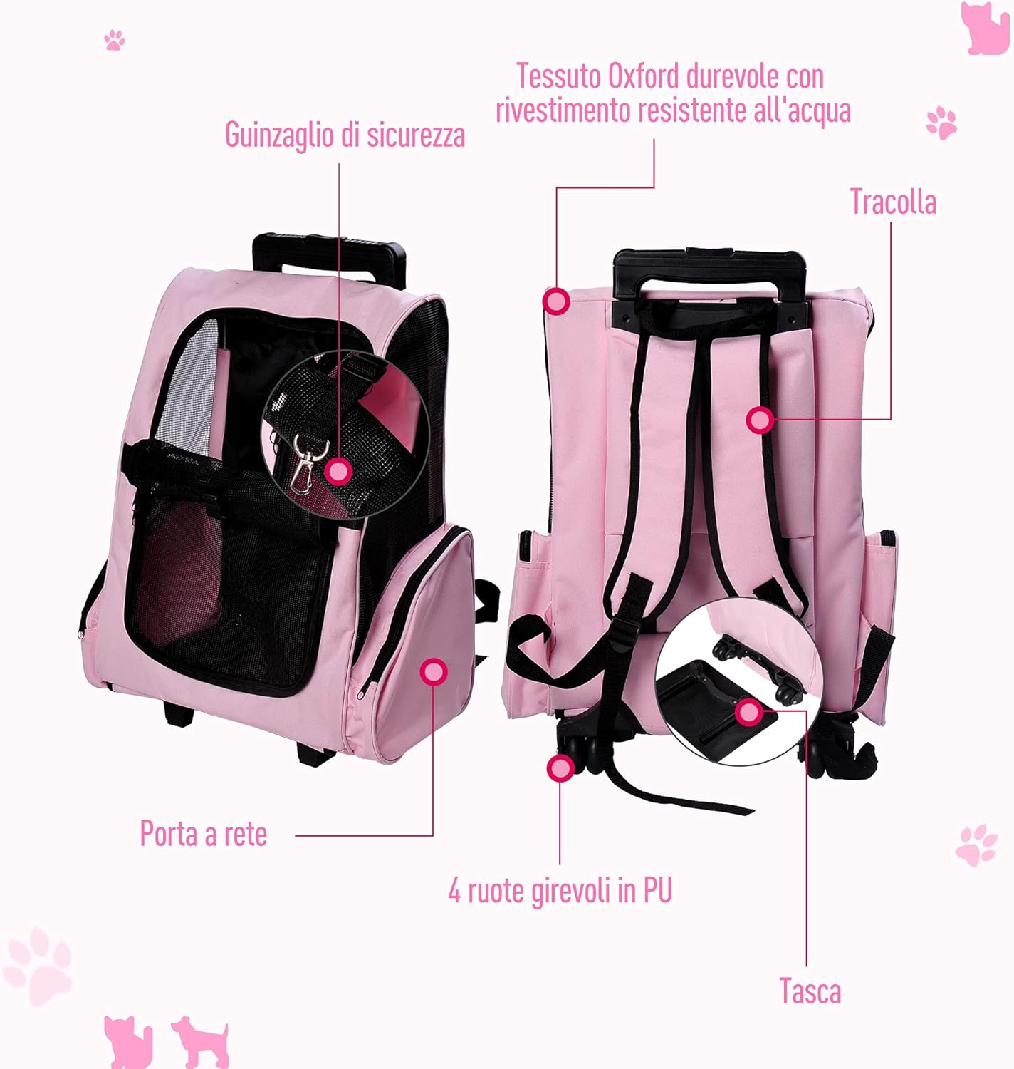 Trasportino PawHut 2 in 1 per Cani e Gatti, Rosa – 42x25x55cm