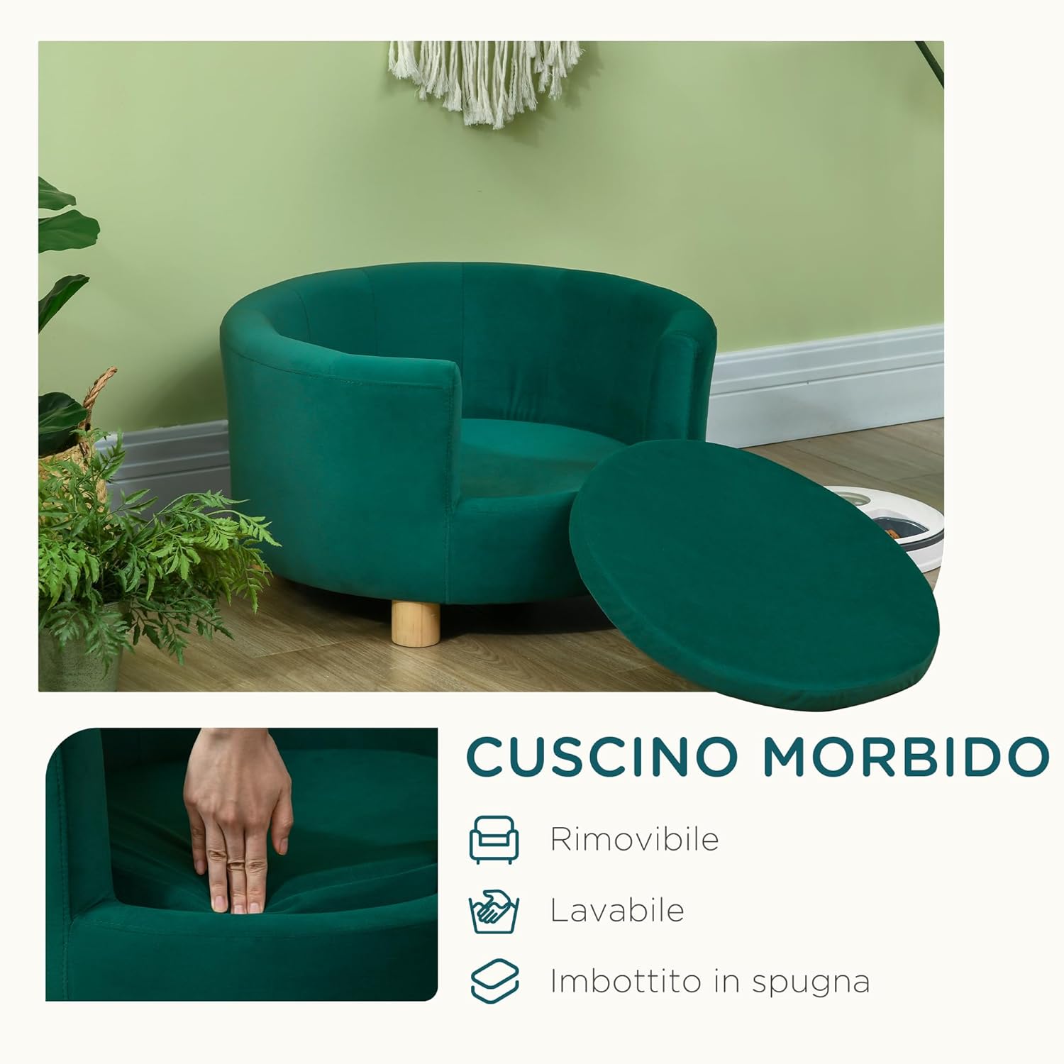 PawHut Divano per Cani Imbottito con Schienale e Cuscino Rimovibile – 65x64x37 cm, Verde