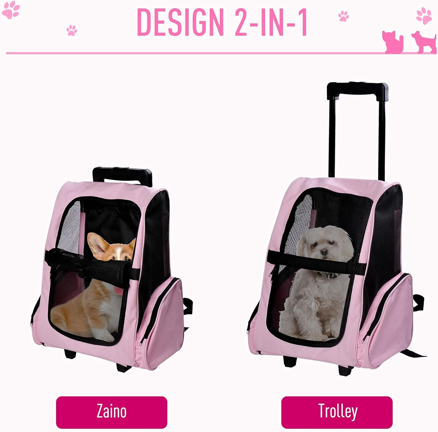 Trasportino PawHut 2 in 1 per Cani e Gatti, Rosa – 42x25x55cm