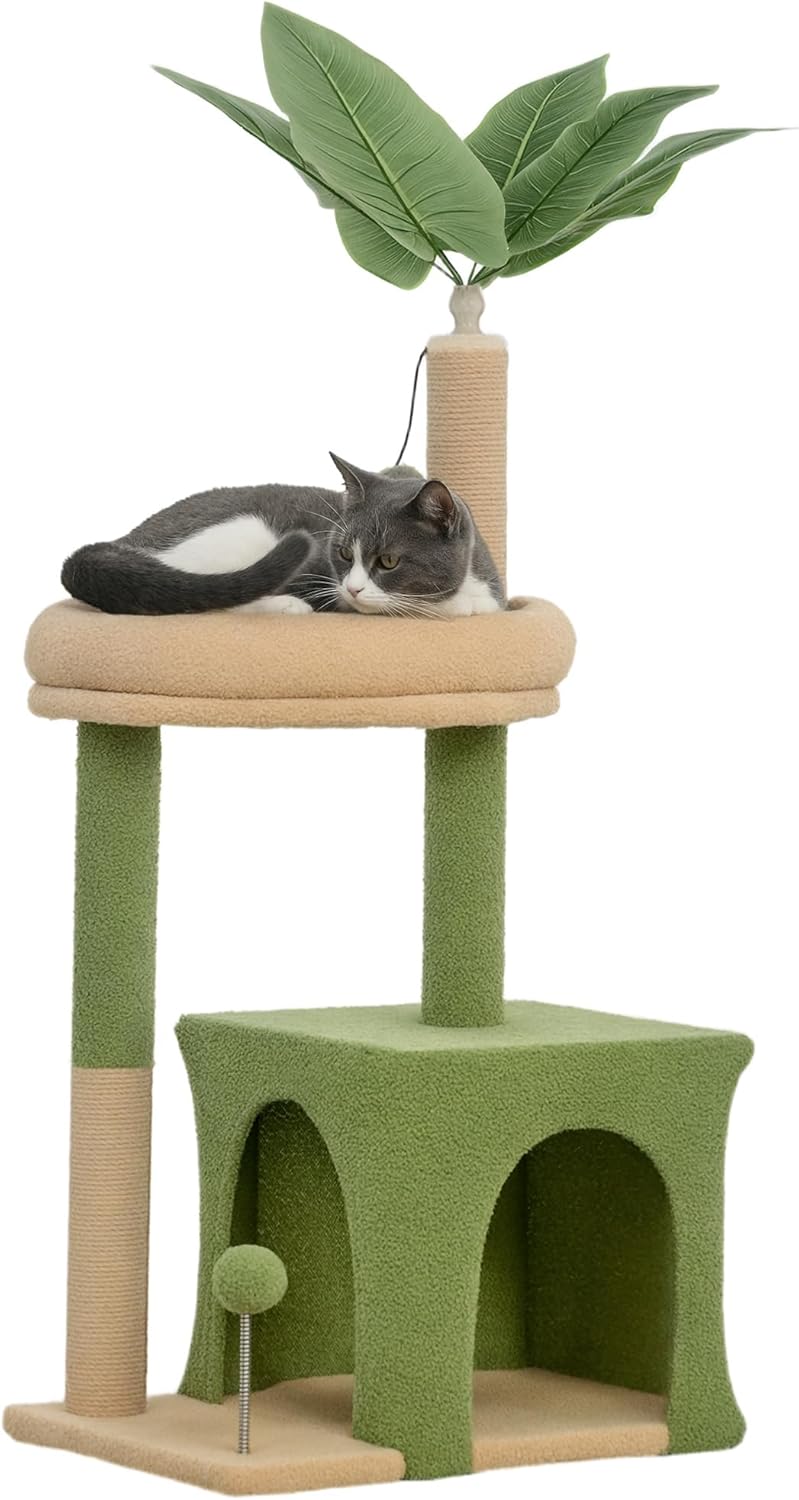 PawHut Albero Tiragraffi per Gatti con Casetta e Giocattoli – 44x30x98 cm, Verde