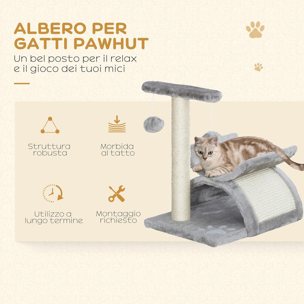 PawHut Tiragraffi per Gatti con Giocattoli e Palline Appese – 40x30x43 cm, Grigio