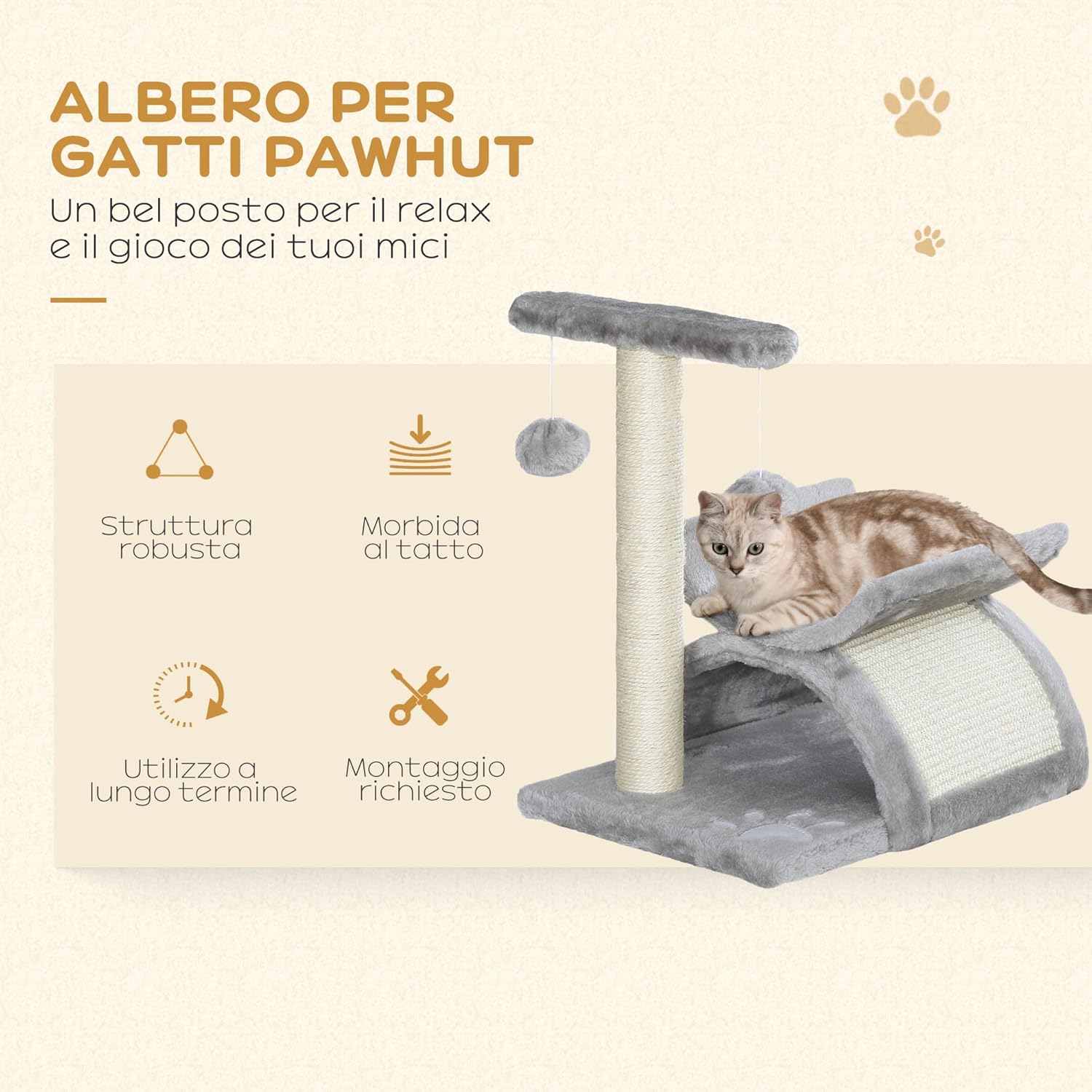 PawHut Tiragraffi per Gatti con Giocattoli e Palline Appese – 40x30x43 cm, Grigio