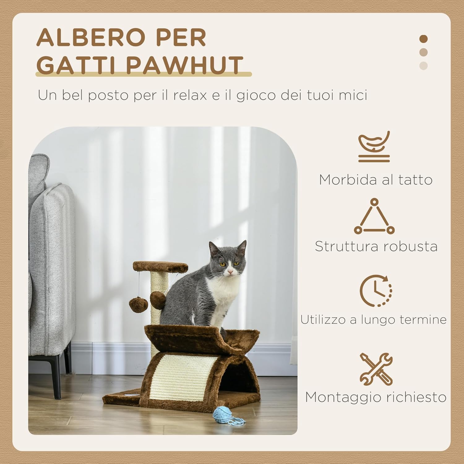 PawHut Tiragraffi per Gatti con Giocattoli e Palline, Marrone