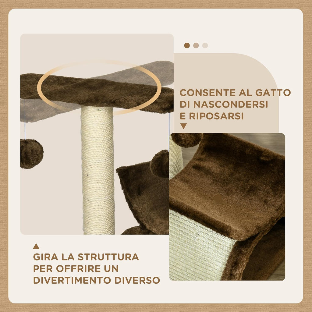 PawHut Tiragraffi per Gatti con Giocattoli e Palline, Marrone