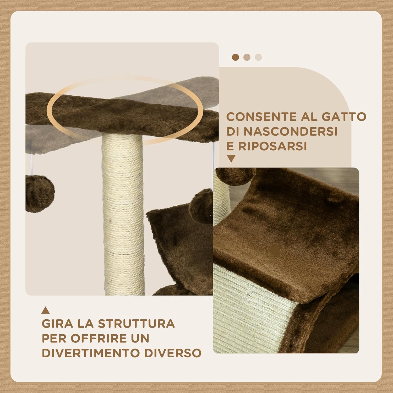 PawHut Tiragraffi per Gatti con Giocattoli e Palline, Marrone