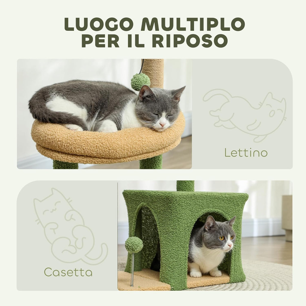 PawHut Albero Tiragraffi per Gatti con Casetta e Giocattoli – 44x30x98 cm, Verde