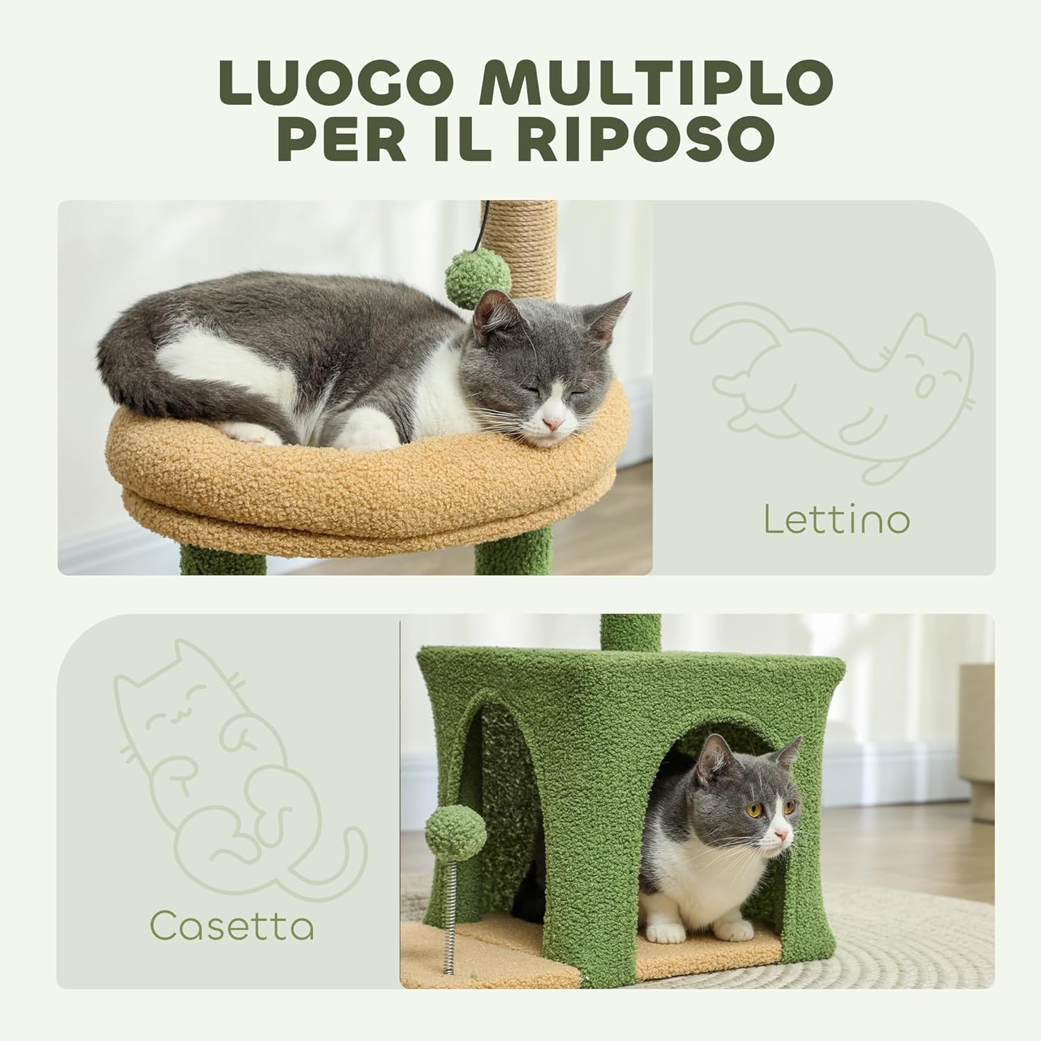 PawHut Albero Tiragraffi per Gatti con Casetta e Giocattoli – 44x30x98 cm, Verde