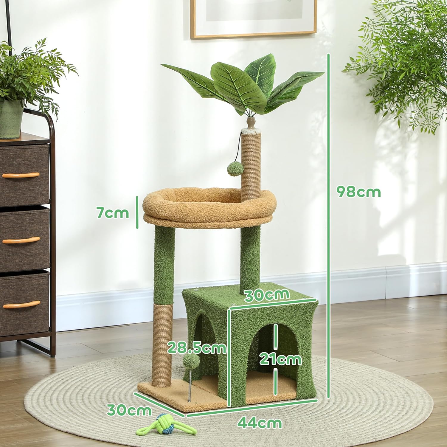 PawHut Albero Tiragraffi per Gatti con Casetta e Giocattoli – 44x30x98 cm, Verde