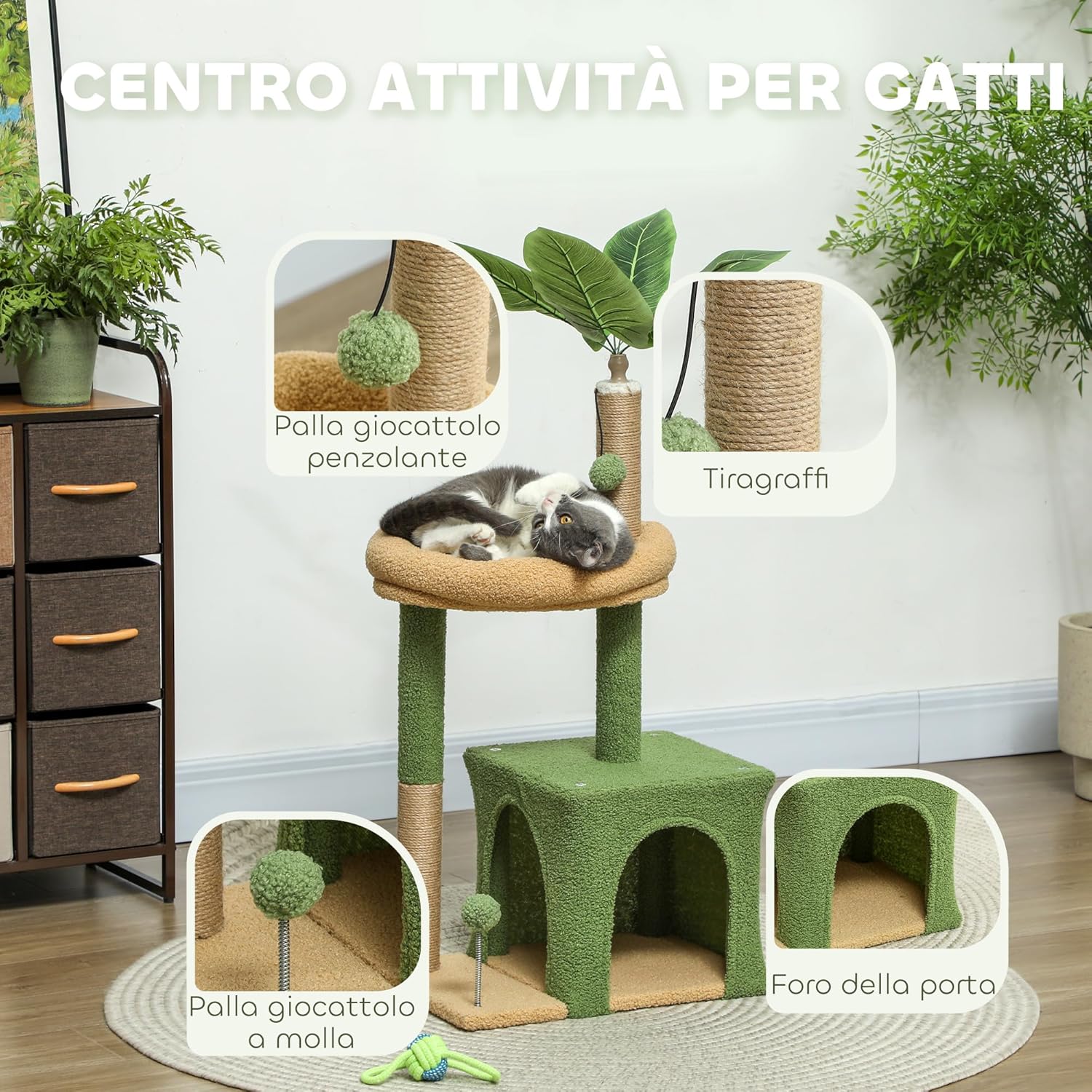 PawHut Albero Tiragraffi per Gatti con Casetta e Giocattoli – 44x30x98 cm, Verde