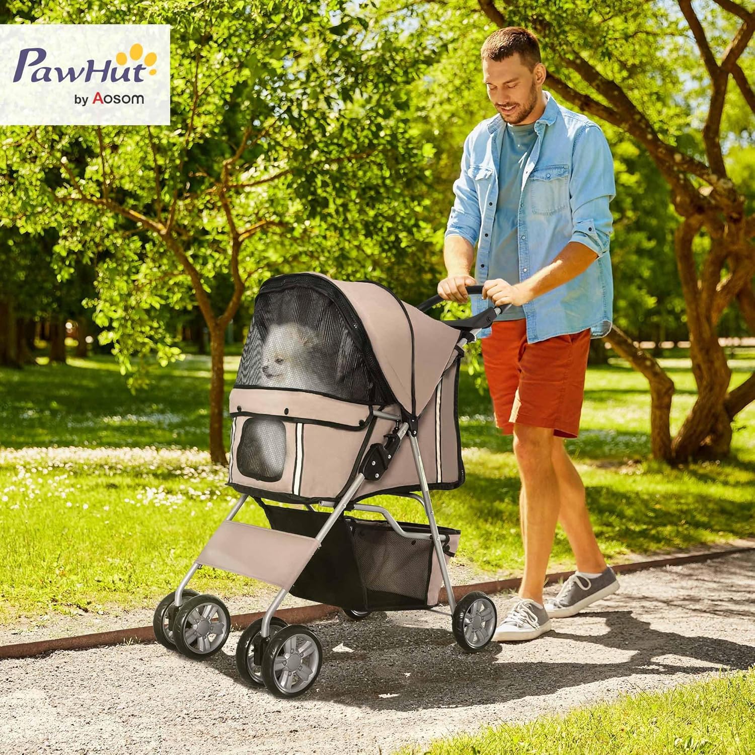 PawHut Passeggino per Cani Pieghevole, Caffè 75 x 45 x 97 cm