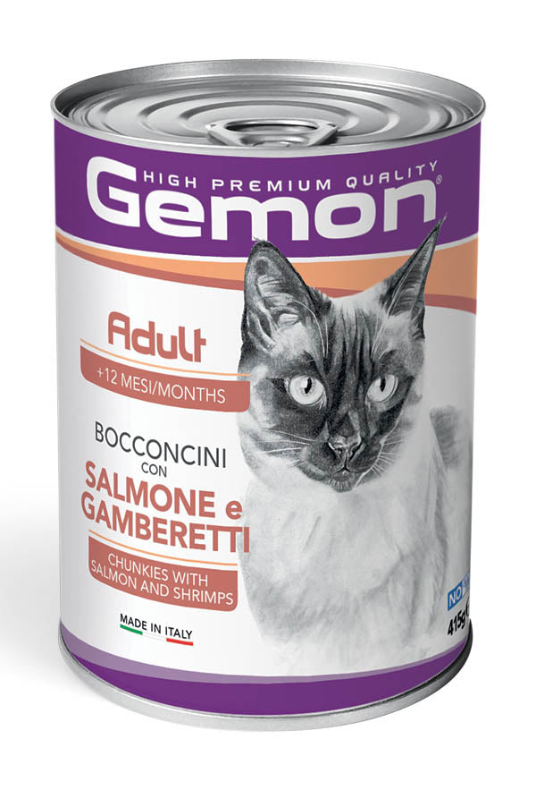 Gemon Adult Bocconcini con Salmone e Gamberetti – Alimento Umido Completo per Gatti Adulti, Multipack 24 x 415 g