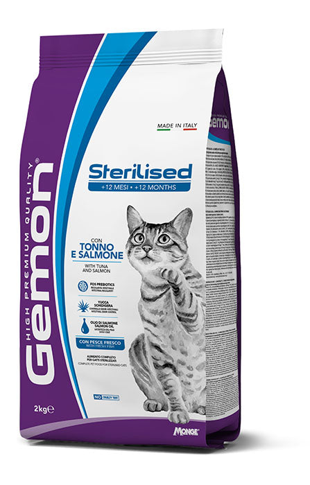 Gemon Sterilised con Tonno e Salmone – Alimento Secco Completo per Gatti Sterilizzati, Formato 2 kg