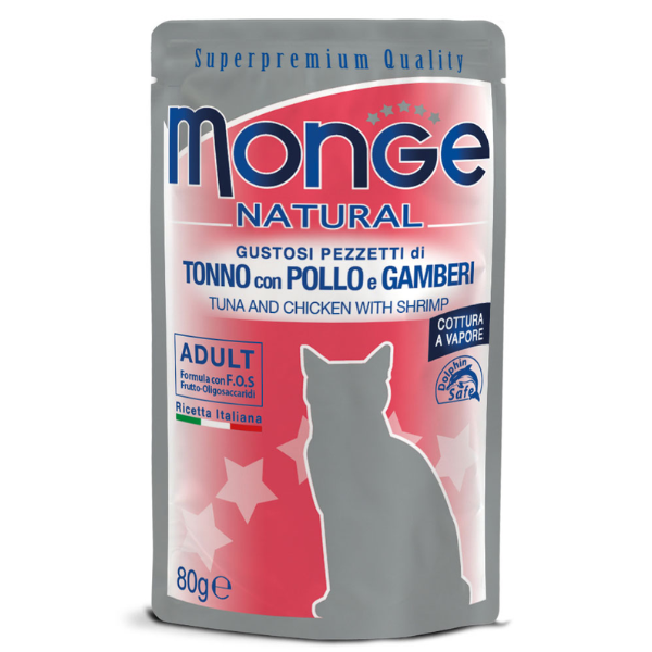 Monge Natural Gatto Adult – Tonno con Pollo e Gamberi 12x80g