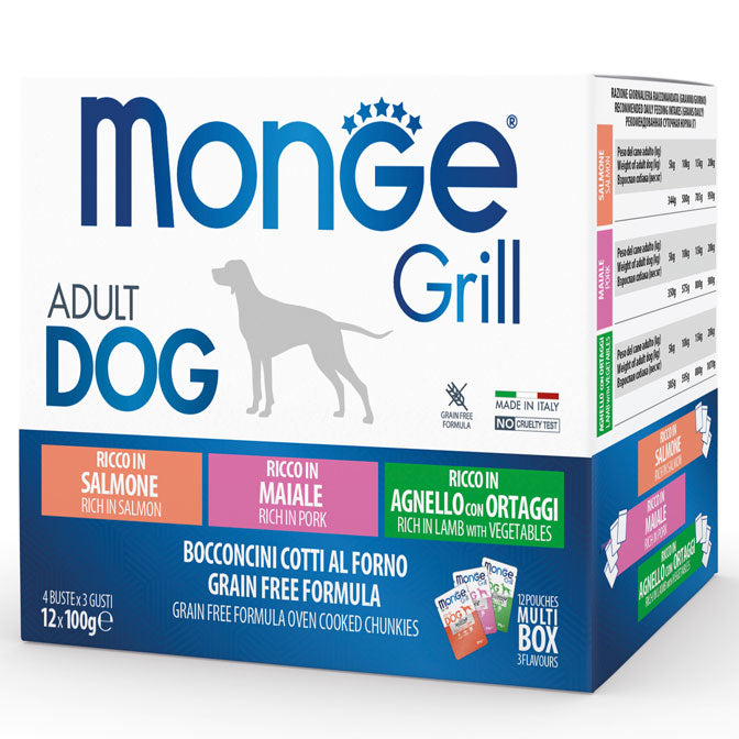 Monge Grill Adult Multipack Buste – Agnello con Ortaggi, Maiale, Salmone