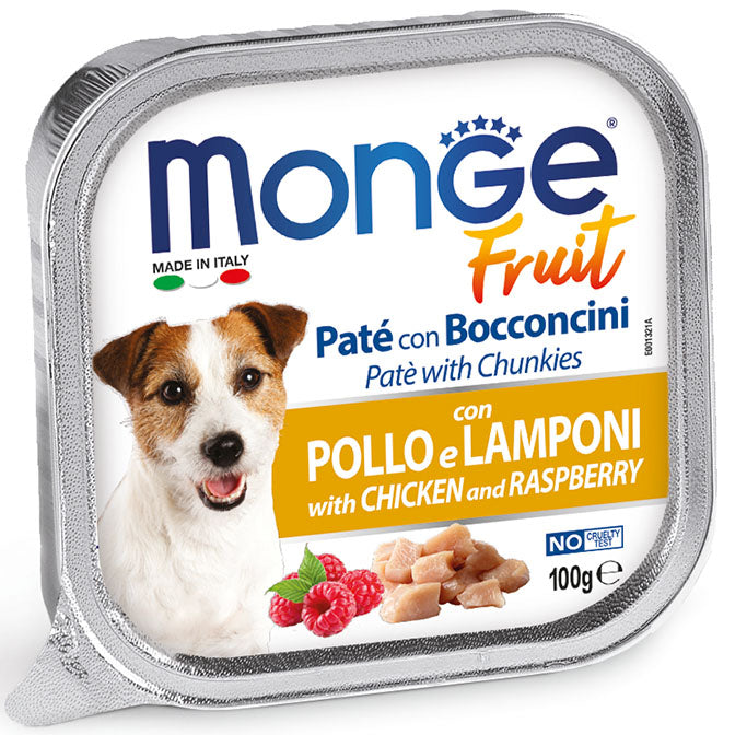 Monge Fruit Paté con Bocconcini Pollo e Lamponi – 32x100g