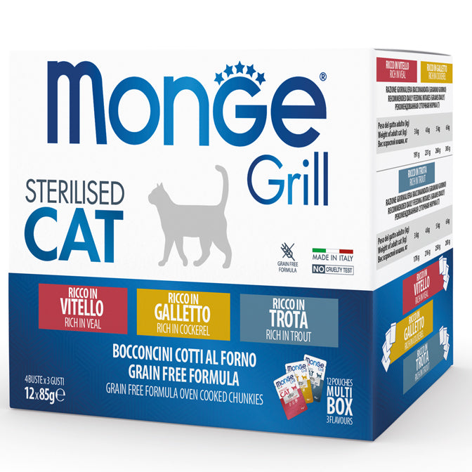 Monge Grill Sterilised Cat – Multipack Mix Vitello, Galletto, Trota 4x12x85g